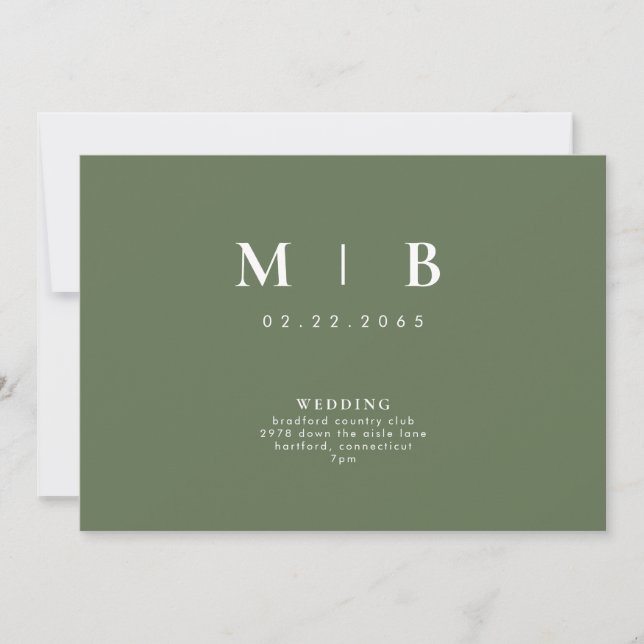 Sleek & Simple Monogram Green Wedding Invitation (Front)