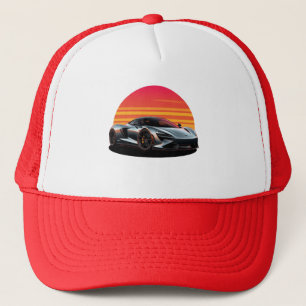 Sleek Sports Car Against Vibrant Sunset Trucker Hat