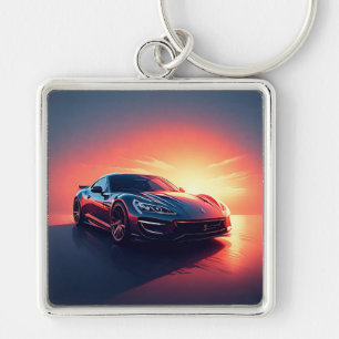 Sleek Sports Car Driving at Scenic Sunset Key Ring