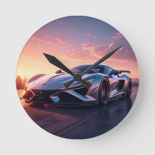 Sleek Sports Car Driving at Scenic Sunset Round Clock