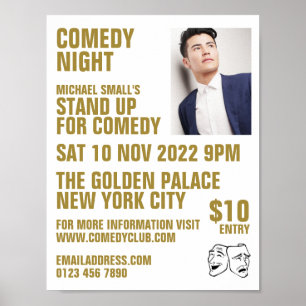 Sleek White & Gold, Comedian, Comedy Club Advert Poster
