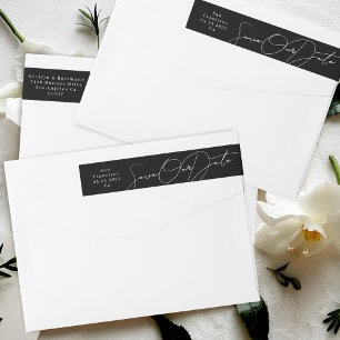Sleek White on Black Save The Date Return Address Wrap Around Label