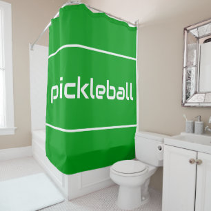 Sleek White PICKLEBALL Text Stripes On Bold Green Shower Curtain