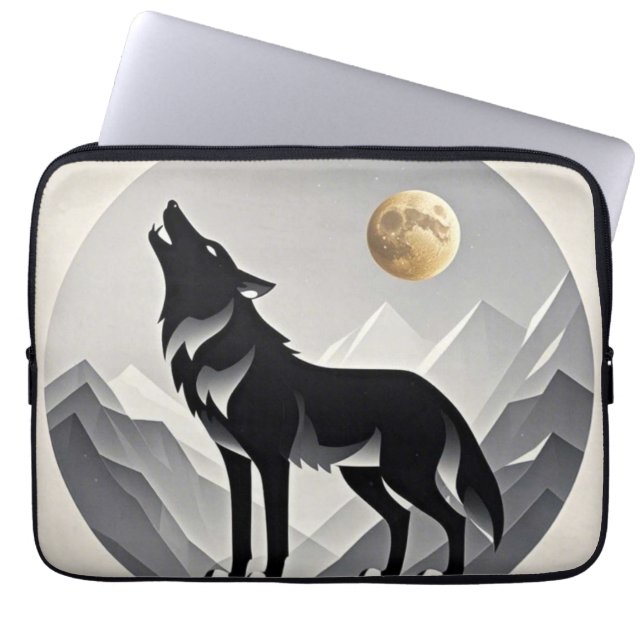 Sleek wolf silhouette black grey minimalist laptop sleeve (Front)