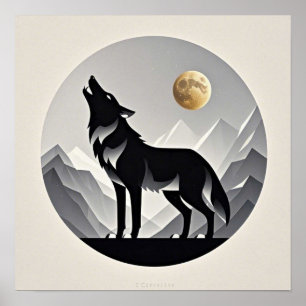 Sleek wolf silhouette black grey minimalist poster