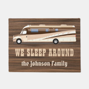 Sleep around rustic wood rv camping family custom doormat