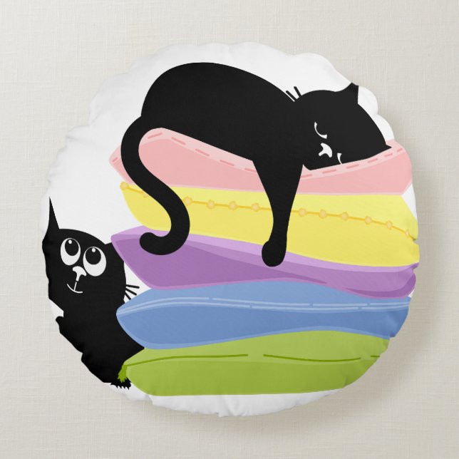 Sleep Cat on Dreamy Abstract Wavy Pastel Pillow (Front)