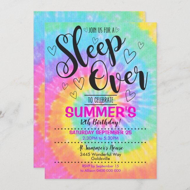 Sleep over Party Tie Dye Invitation Slumber Party (Front/Back)