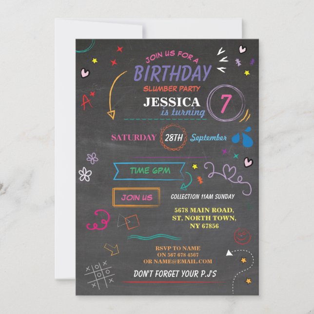 Sleep Over Slumber Birthday Party Sketch Invite (Front)