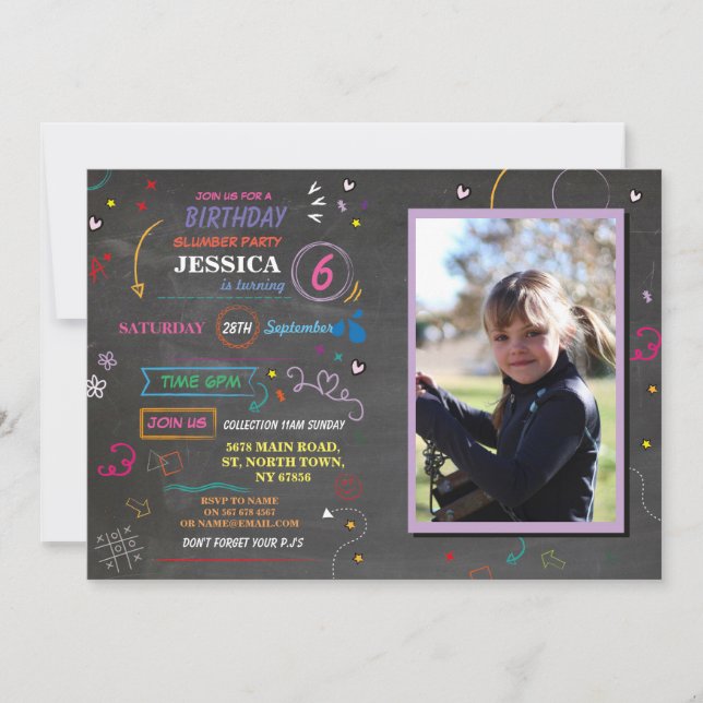 Sleep Over Slumber Birthday Party Sketch Photo Invitation (Front)