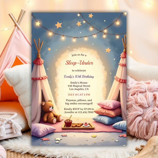 Sleep Under Cute Cosy Indoor Party Birthday Invitation (Sleep Under Cute Birthday For Girls Cozy Indoor Party Watercolor Birthday Invitation)