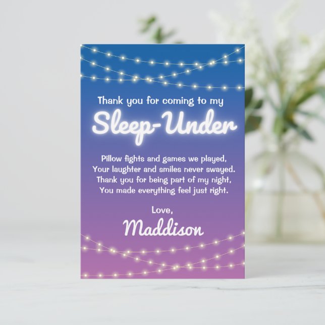 Sleep Under Half Sleep Over Lights Party Thank You Card (Standing Front)