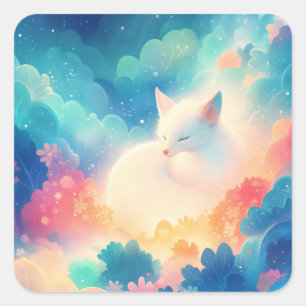 Sleeping Arctic Fox in Magical Pastel Cloud Square Sticker