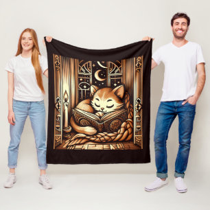 Sleeping Art Deco Style Cat With A Book Fleece Blanket