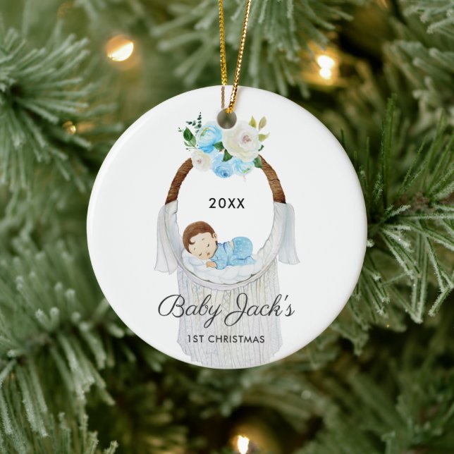 Sleeping Baby Bassinet Personalised Boy's 1st Xmas Ceramic Ornament (Tree)