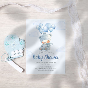 Sleeping Baby Bear Blue Balloons Baby Shower Invitation