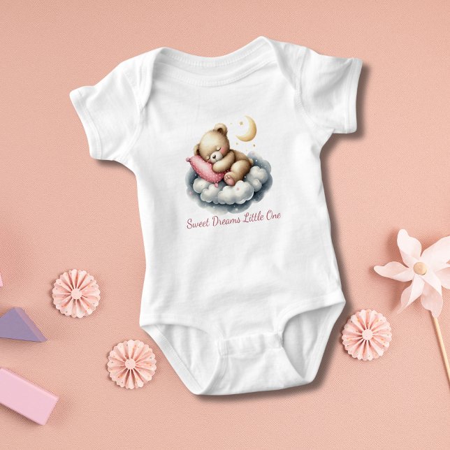 Sleeping Baby Bear on Cloud Star Baby Shower Gift  Bodysuit (Personalized Sleeping baby bear on cloud with yellow moon.)