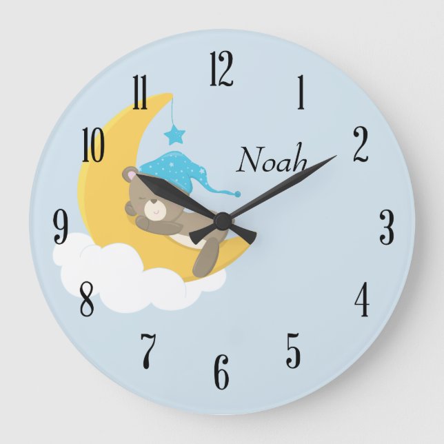Sleeping Baby Bear with Name and Numbers Large Clock (Front)