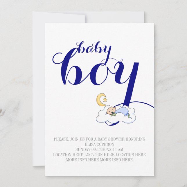 Sleeping baby boy shower navy blue, white text invitation (Front)