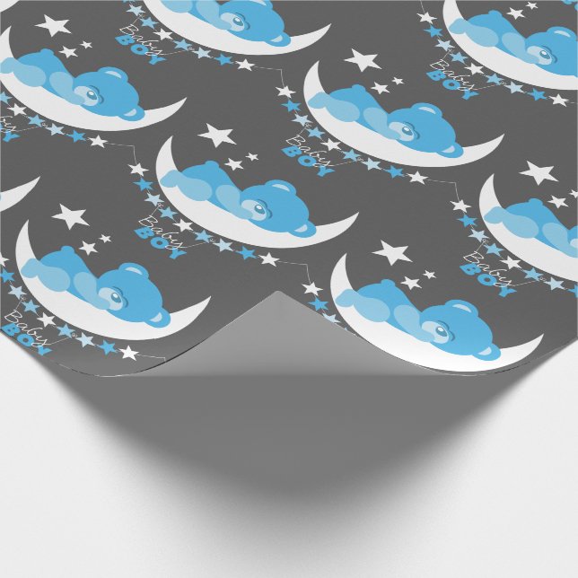 Sleeping Baby Boy Teddy Bear on Moon Pattern Wrapping Paper (Corner)