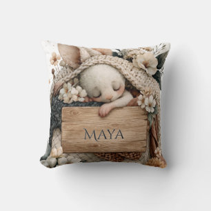 Sleeping Baby Bunny with Knitted Blanket and Name Cushion
