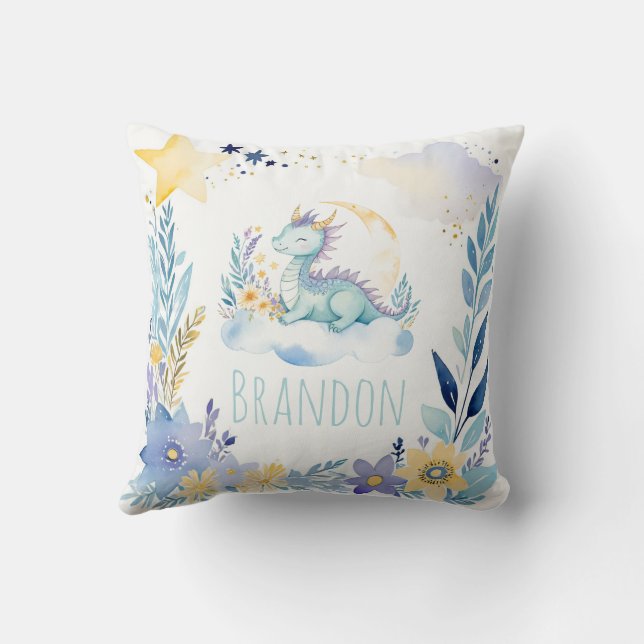 Sleeping Baby Dragon Boho Name Nursery Pillow (Back)