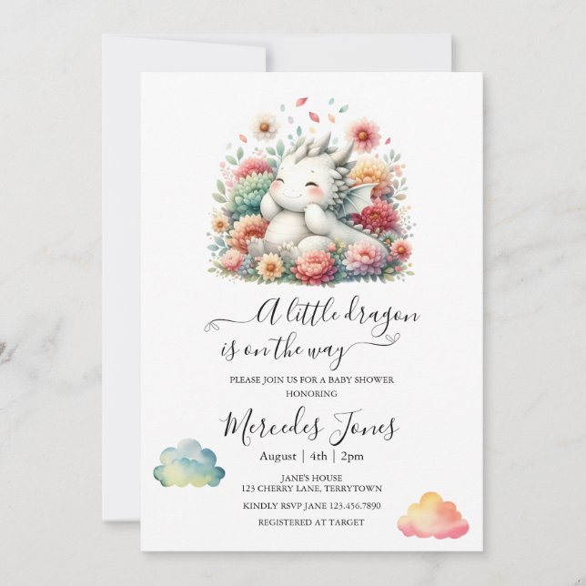 Sleeping Baby Dragon With Rainbow Flowers Art  Invitation (Front)