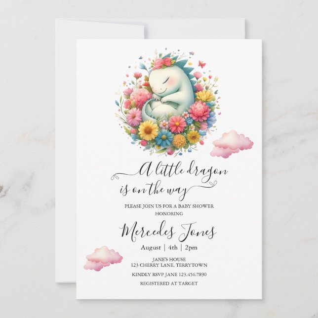 Sleeping Baby Dragon With Rainbow Flowers Art  Invitation (Front)