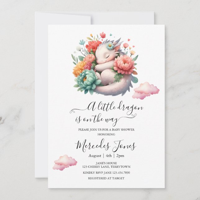 Sleeping Baby Dragon With Rainbow Flowers Art  Invitation (Front)