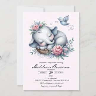 Sleeping Baby Elephant Themed Baby Shower Invitation