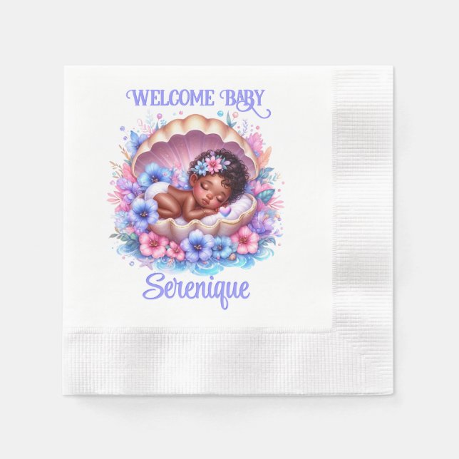 Sleeping Baby Girl in Seashell Floral Pastel Napkin (Front)