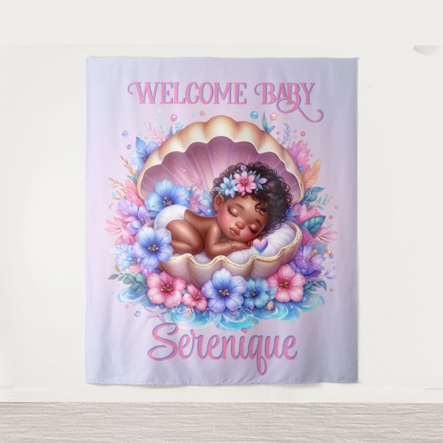 Sleeping Baby Girl in Seashell Floral Pastel Tapestry (Front)