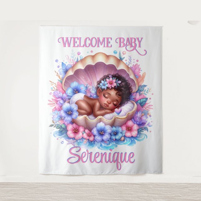 Sleeping Baby Girl in Seashell Floral Pastel Tapestry (Front)