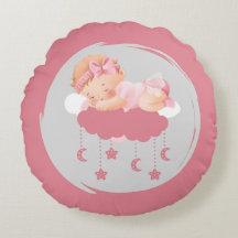 Sleeping Baby Girl On Clouds Round Pink Pillow 