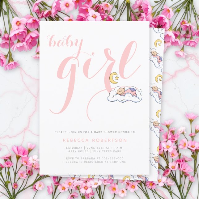 Sleeping baby girl shower elegant pink typography invitation (Creator Uploaded)