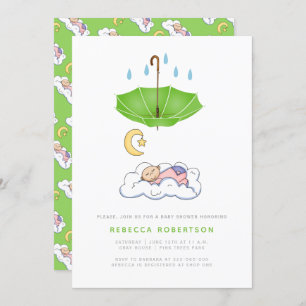 Sleeping baby girl shower green umbrella invitation