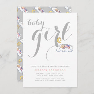 Sleeping baby girl shower grey minimal typography invitation