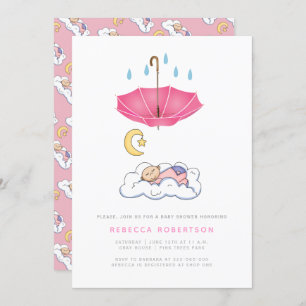 Sleeping baby girl shower pink umbrella cute invitation