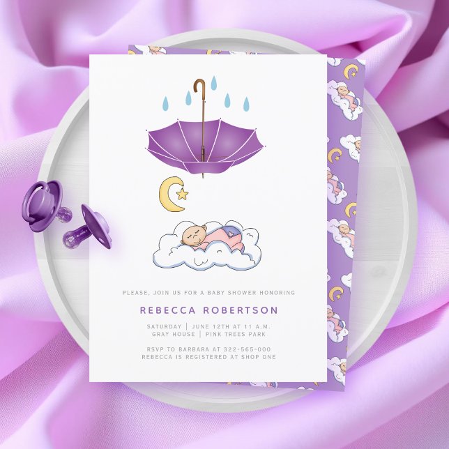 Sleeping baby girl shower purple umbrella cute invitation (Creator Uploaded)