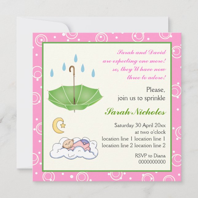 Sleeping baby girl sprinkle pink green invitation (Front)