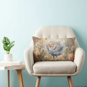 Sleeping baby in blue flower lumbar cushion