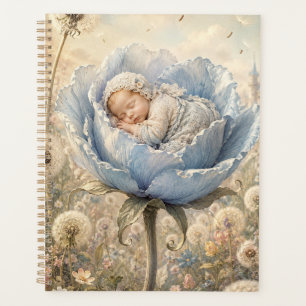 Sleeping baby in blue flower planner