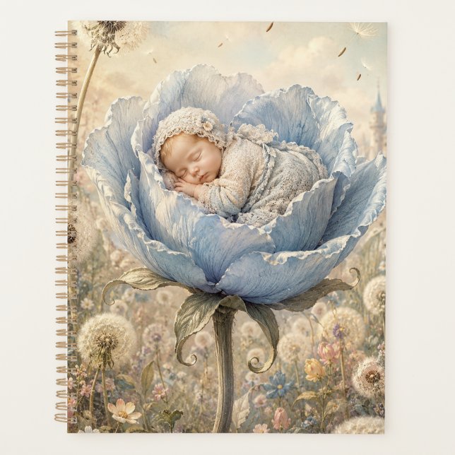 Sleeping baby in blue flower  planner (Front)