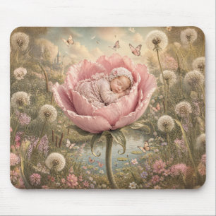 Sleeping baby in pink flower mouse pad