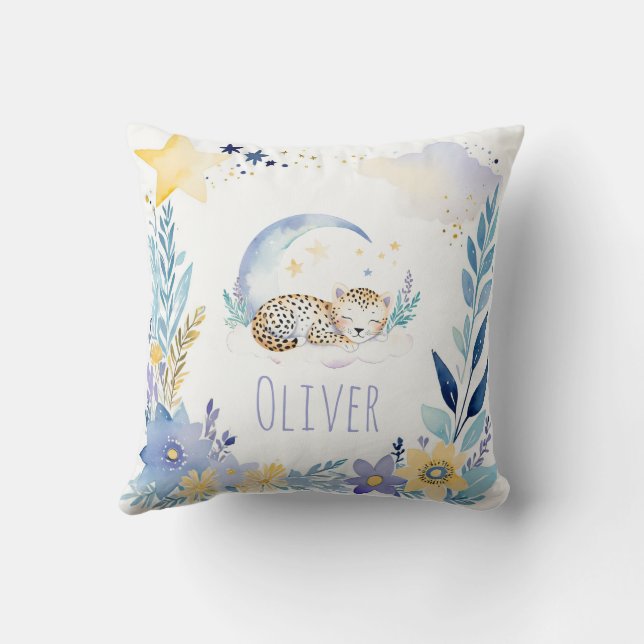 Sleeping Baby Leopard Boho Name Nursery Pillow (Back)
