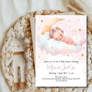 Sleeping baby on the moon, baby shower invitation