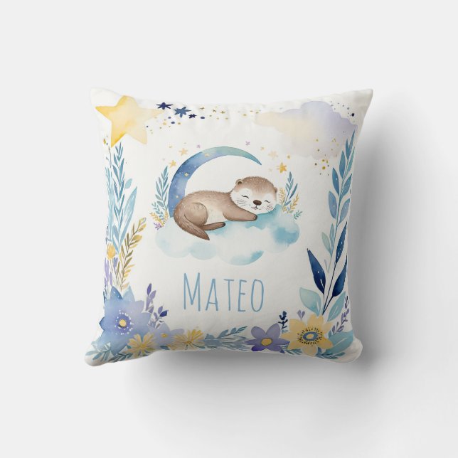 Sleeping Baby Otter Boho Name Nursery Pillow (Back)