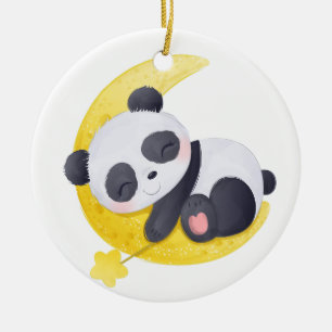 Sleeping Baby Panda on Moon Watercolor Ceramic Ornament