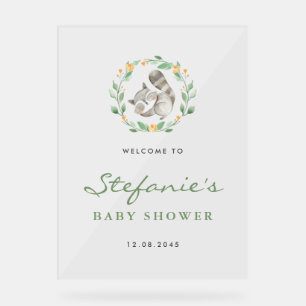 Sleeping Baby Racoon Wreath Baby Shower Welcome Acrylic Sign