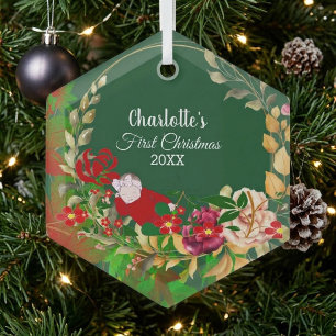 Sleeping Baby's 1st Christmas Green Floral Wreath  Glass Tree Decoration